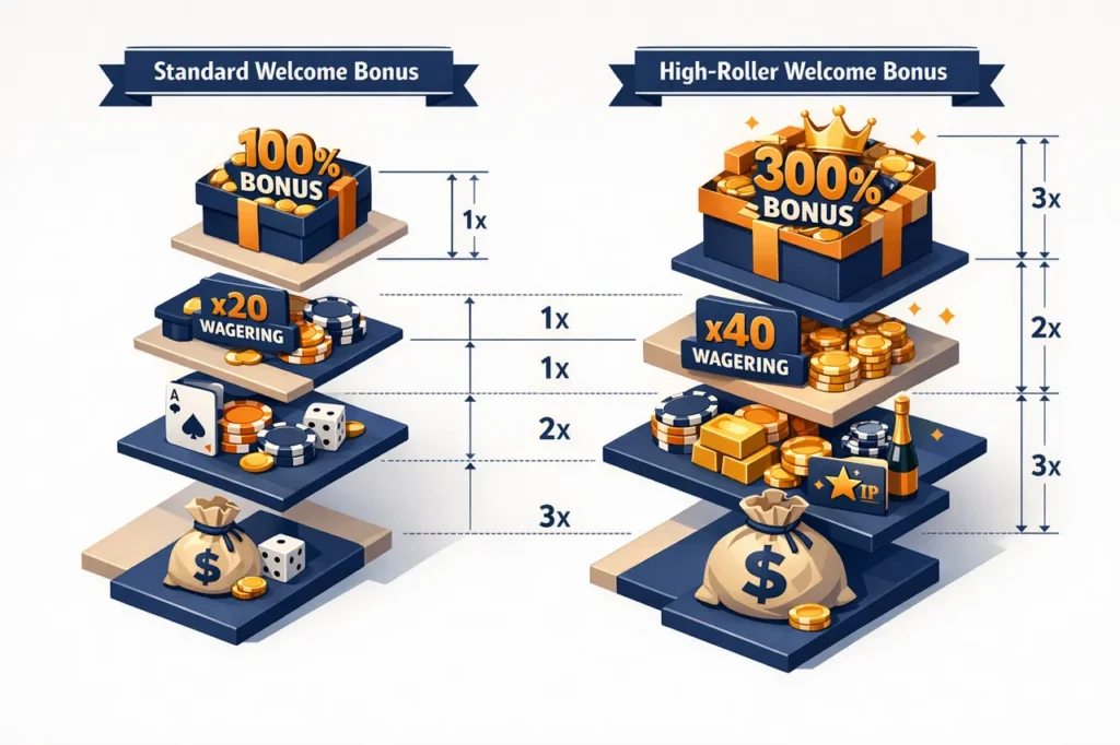 Vergelijking high roller en standaard casino bonus