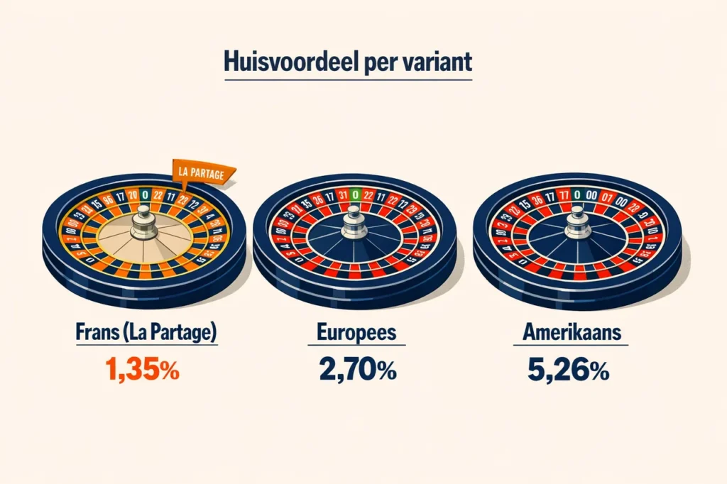 Roulette huisvoordeel per variant Europees Amerikaans Frans